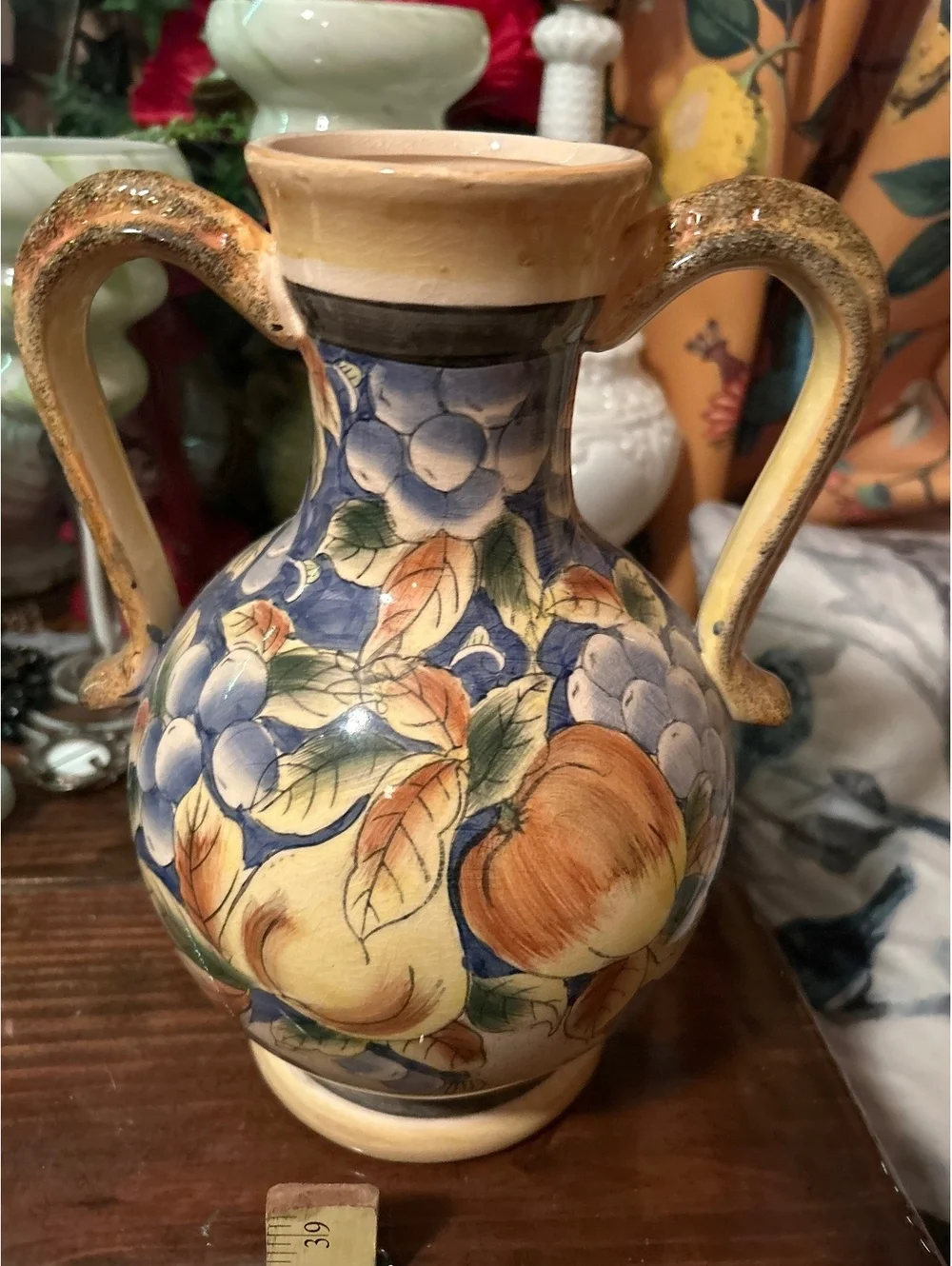 Vintage Hand-Painted Ceramic Vase with Fruit Motif and Dual Handles